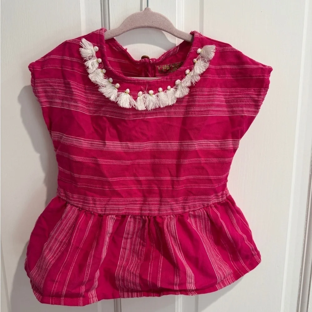 Genuine Kids by Osh Kosh Girls Pink & White Short Sleeve Top  Blouse w Tassels